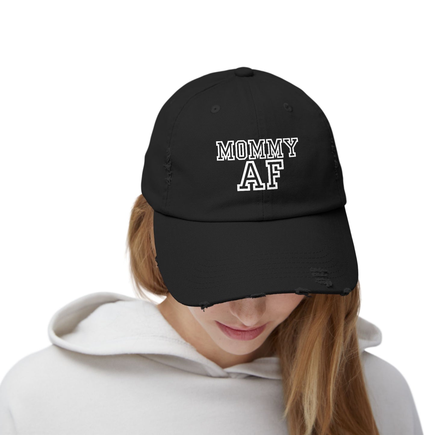 A trendy black distressed baseball cap featuring "Mommy AF" embroidered in bold white text. Adjustable fit with a worn-in, vintage look. Perfect for moms who love casual, stylish headwear.